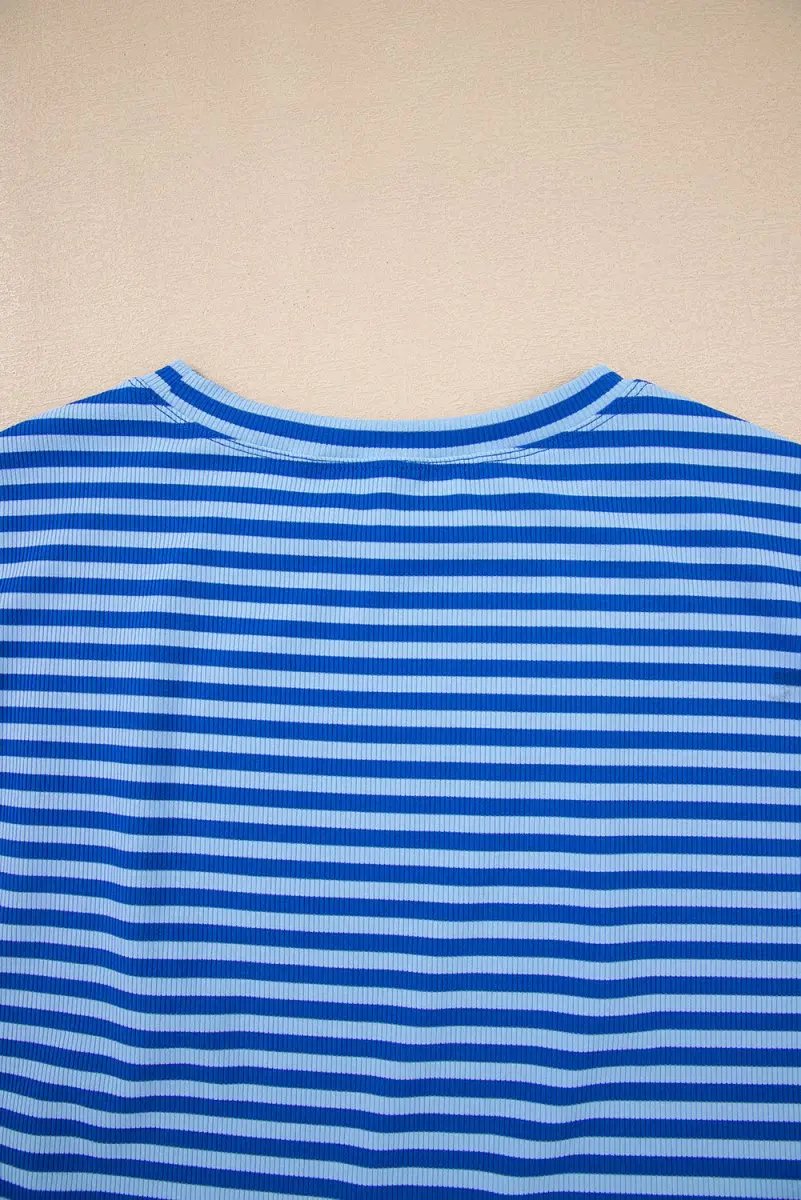 Sky Blue Stripe Ribbed Cap Sleeve Round Neck T Shirt for Women - Love Salve